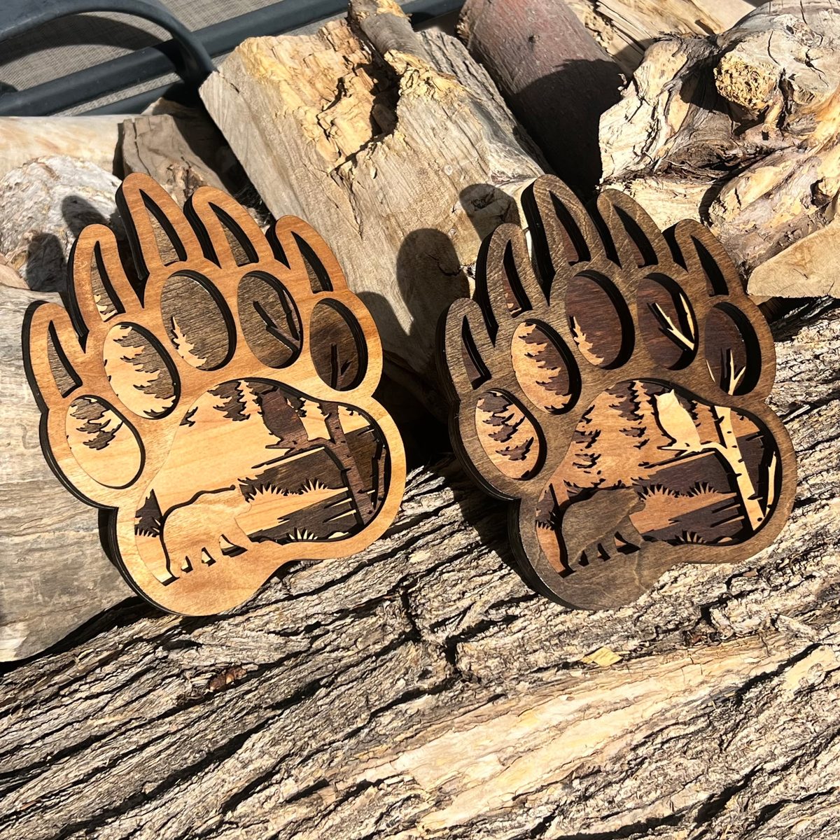 Bear Paw โ layered wood art in two finishes