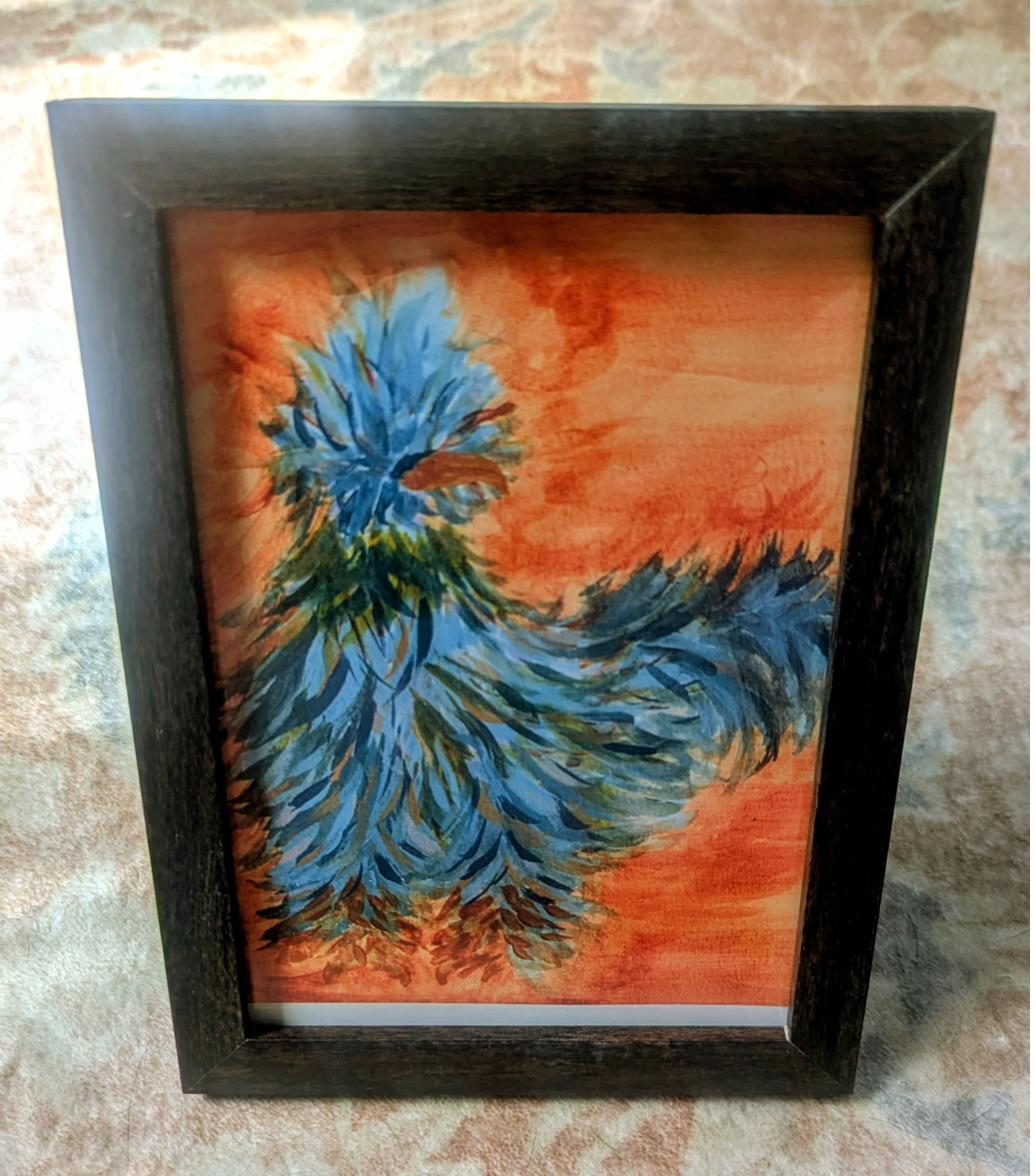 Dark framed print of a blue silkie chicken painting