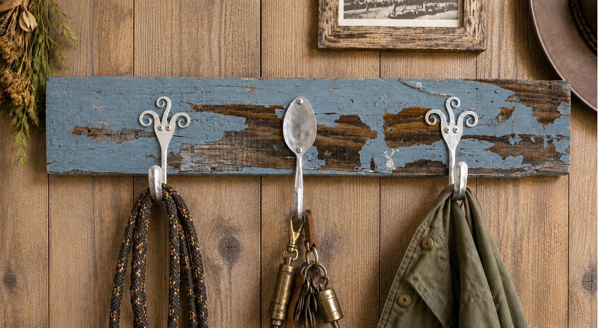 Rustic 3-hook spoon hanger on wood with peeling blue paint