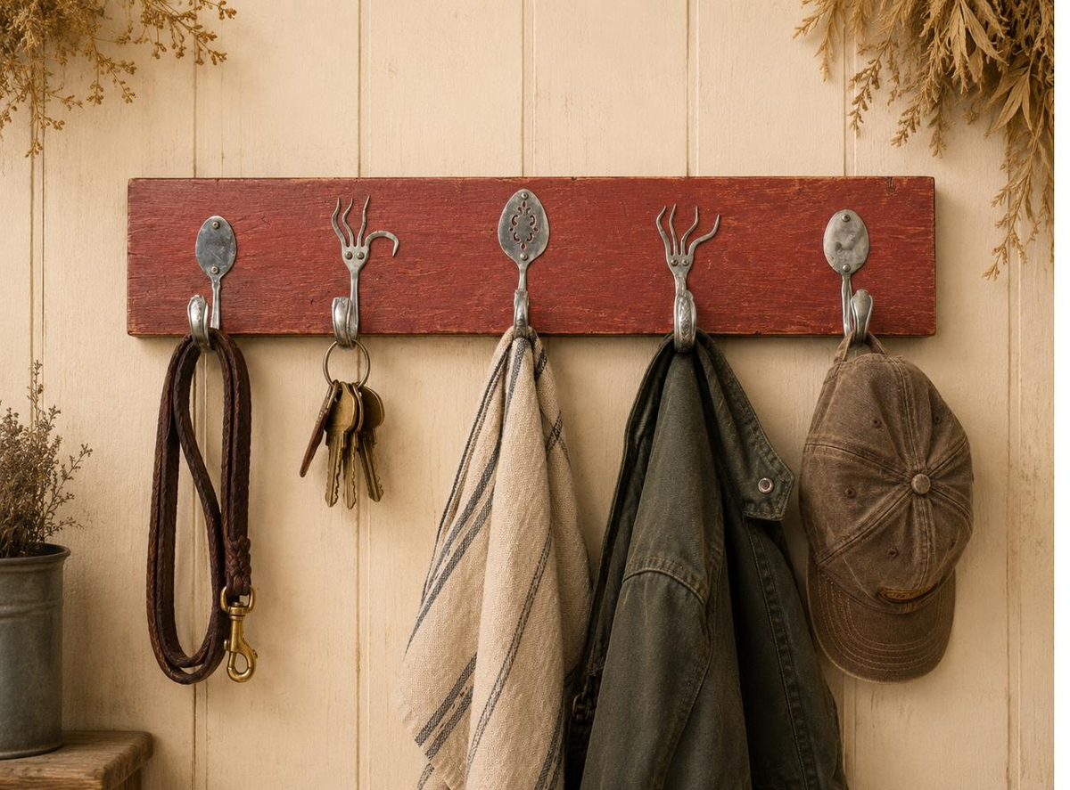 Rustic 5-hook spoon and fork hanger โ available in red, light blue, or dark blue