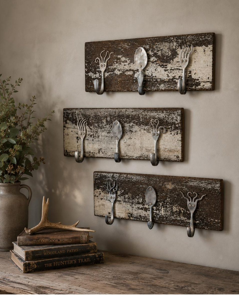 Three rustic 3-hook spoon and fork hangers with white peeling paint