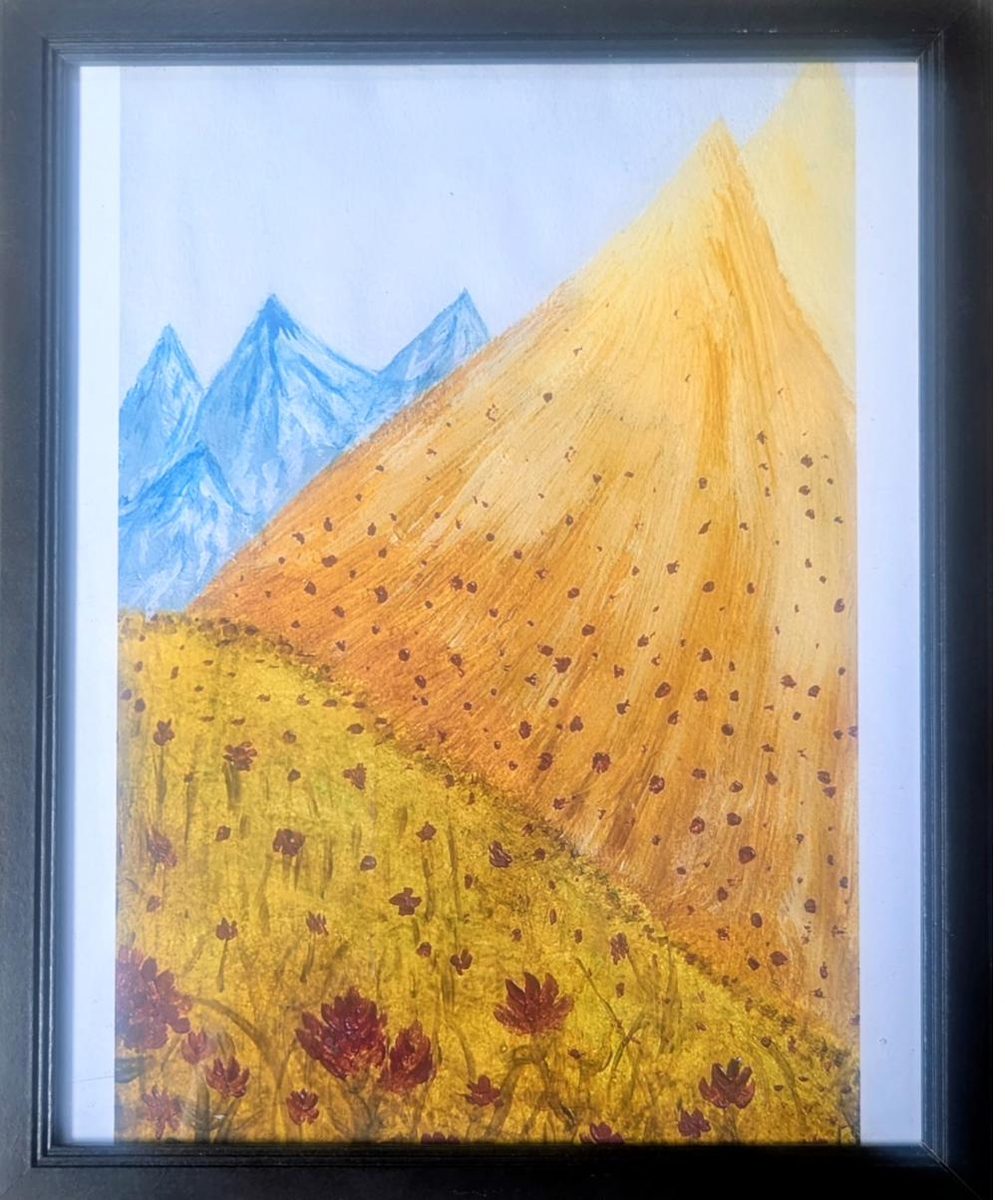 Dark framed print of a golden mountains painting
