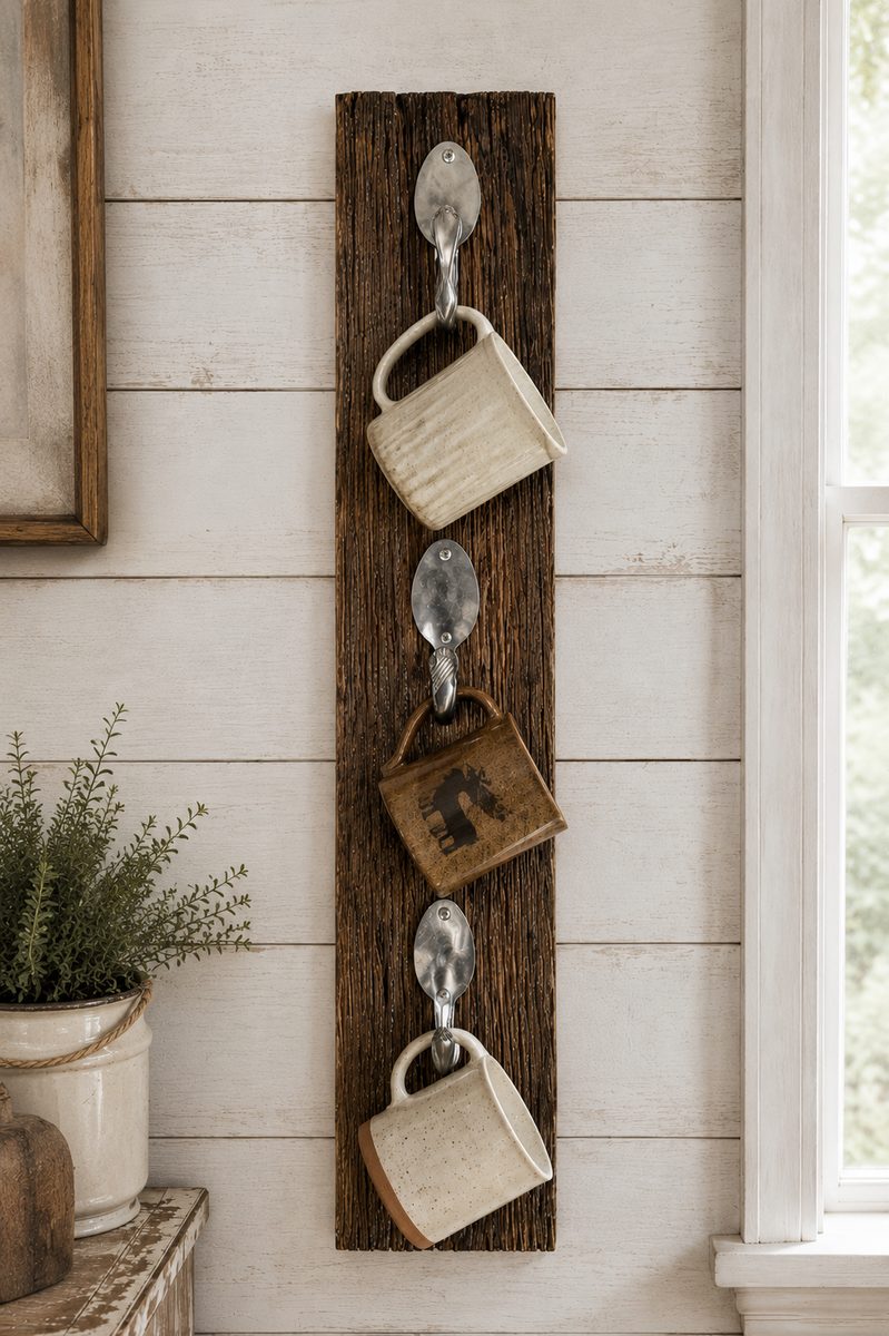Vertical mug rack on dark barnwood with three vintage spoon hooks holding mugs
