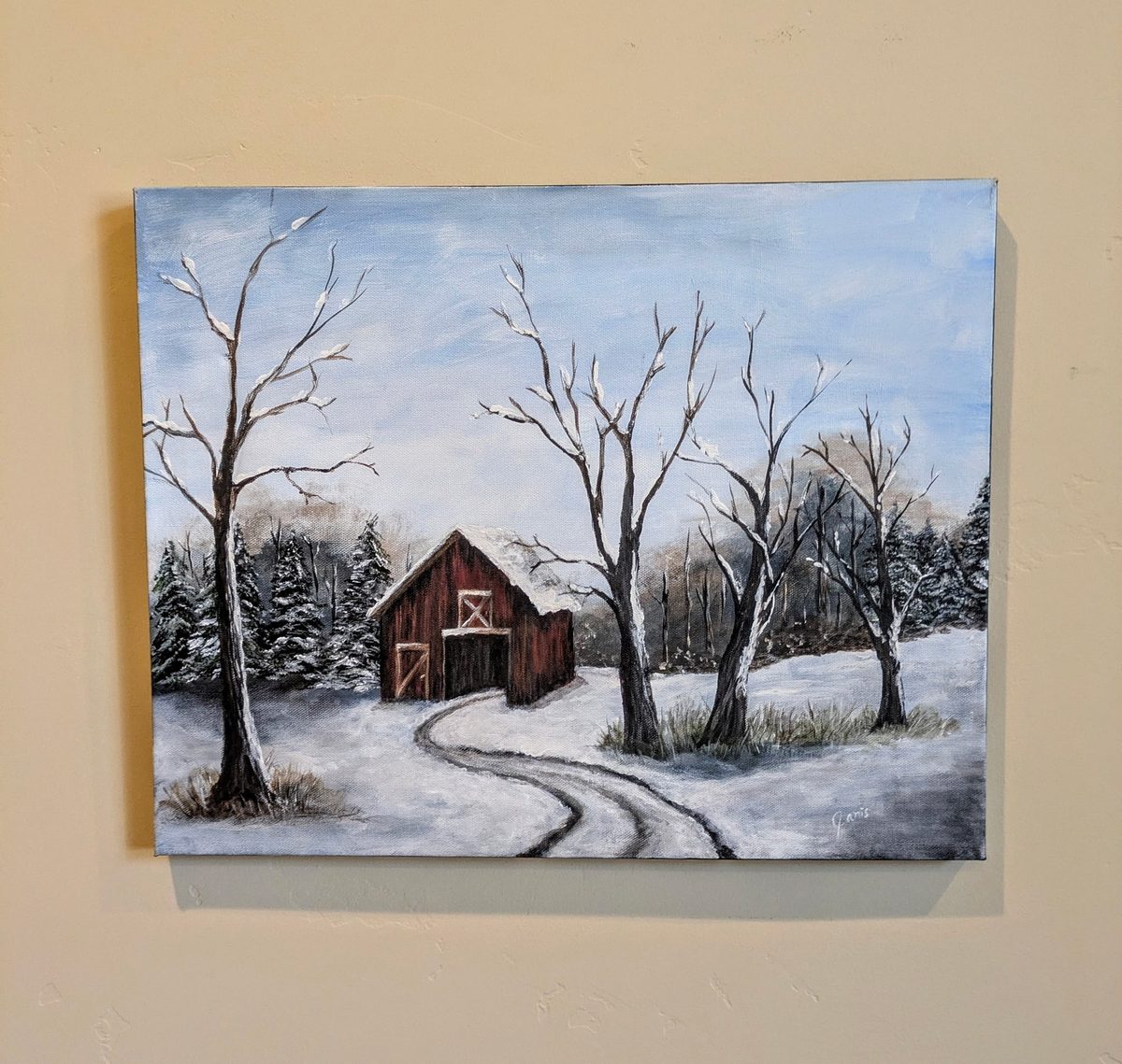 Silent Winter Morning โ original acrylic painting of a red barn in snow