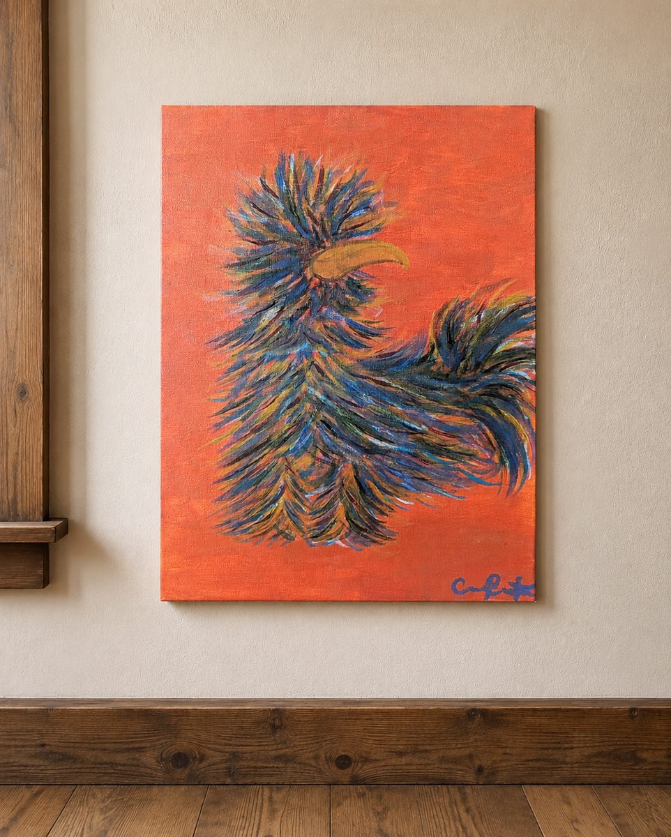 Original acrylic canvas painting of a silkie chicken on an orange background